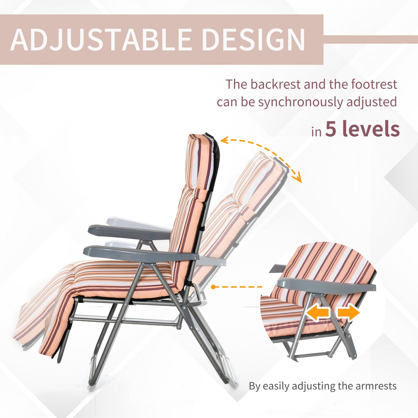 Set of 2 Garden Sun Lounger Outdoor Reclining Seat Cushioned Seat Foldable Adjustable Recliner Orange and White