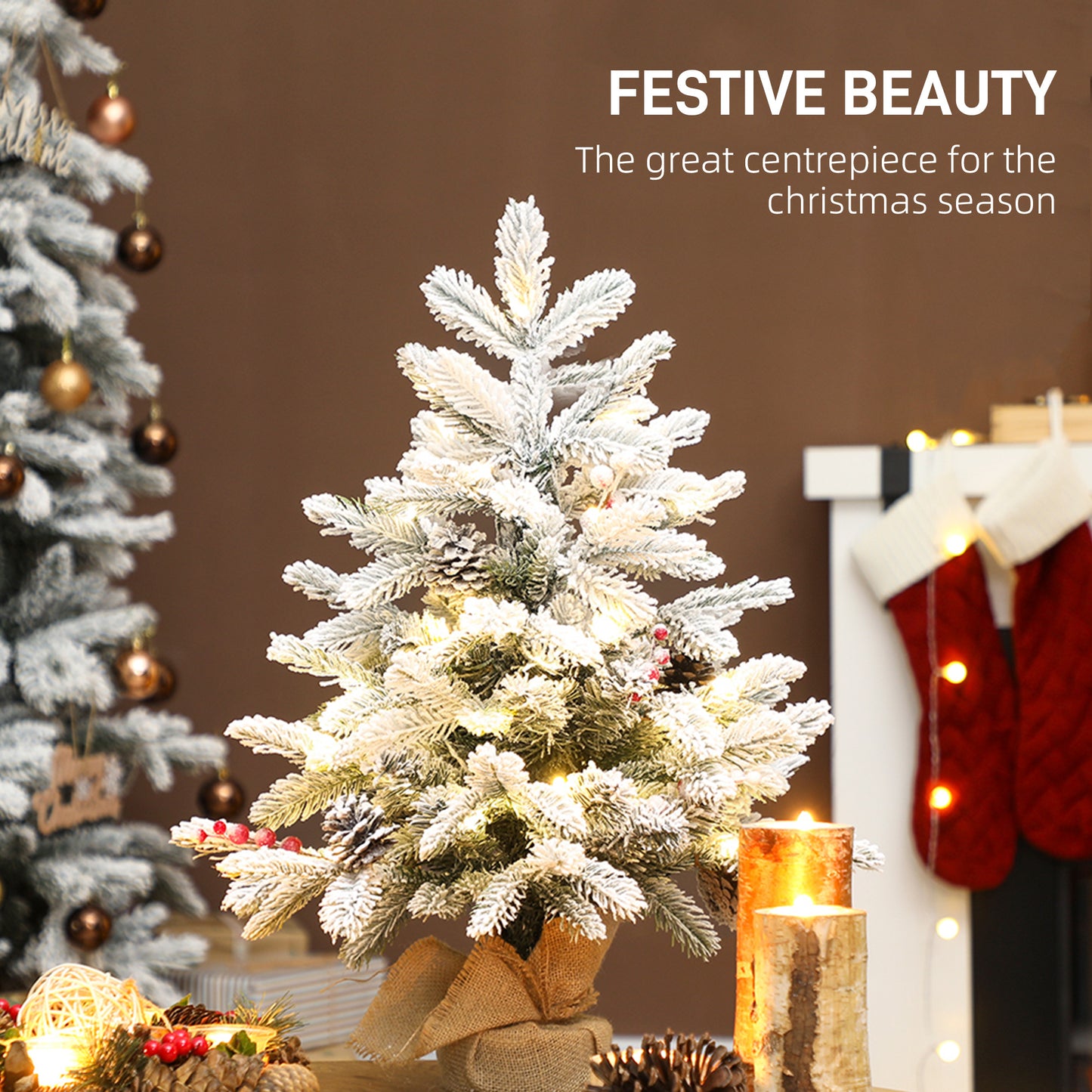 2ft Berries & Pinecones Christmas Tree Artificial - White Frosted Green with LED Lights Warm White 182 Tips