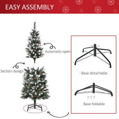 Homcom 5FT Artificial Christmas Tree Xmas Pencil Tree with Red Berries and Pinecones Holiday Home Indoor Decoration with Foldable Feet