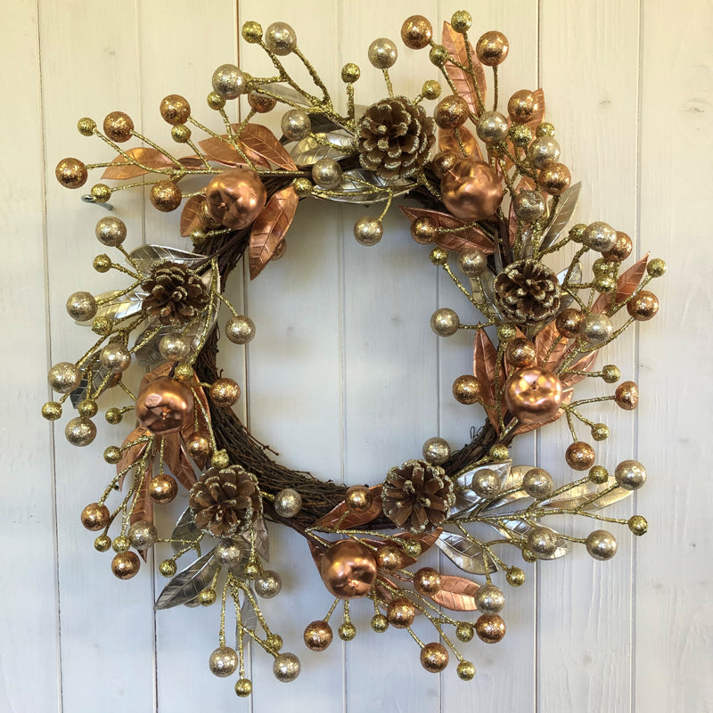 Berries & Twigs Wreath Christmas Decoration Gold & Copper with Pinecones & Berries Pattern - 82cm Champagne by Florelle Primary Image