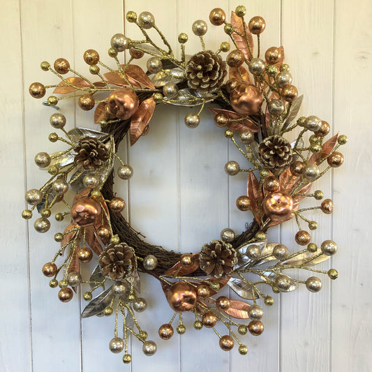 Berries & Twigs Wreath Christmas Decoration Gold & Copper with Pinecones & Berries Pattern - 82cm Champagne by Florelle Primary Image