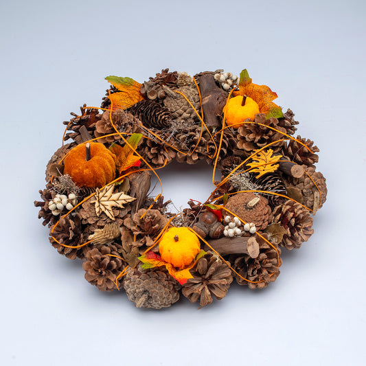 Pumpkin Wreath Halloween Decoration Brown & Orange with Pinecones & Berries - 33cm