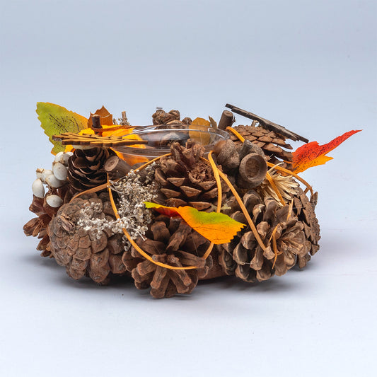 Pinecones And Leaves Candle Holder Halloween Decoration Brown & Orange - 16cm