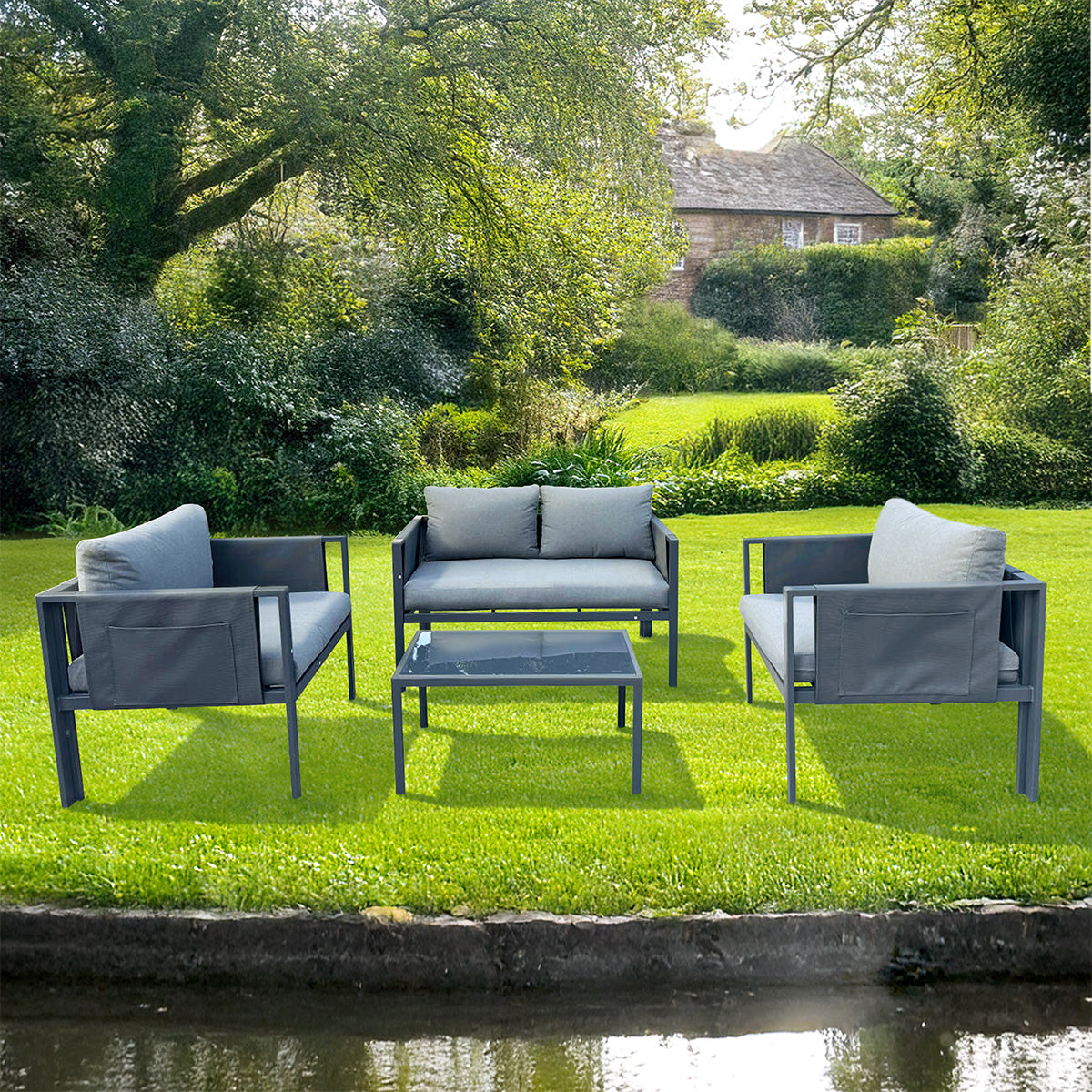 Contemporary Garden Sofa Set Steel Light Grey Cushions by Croft - 4 Seat