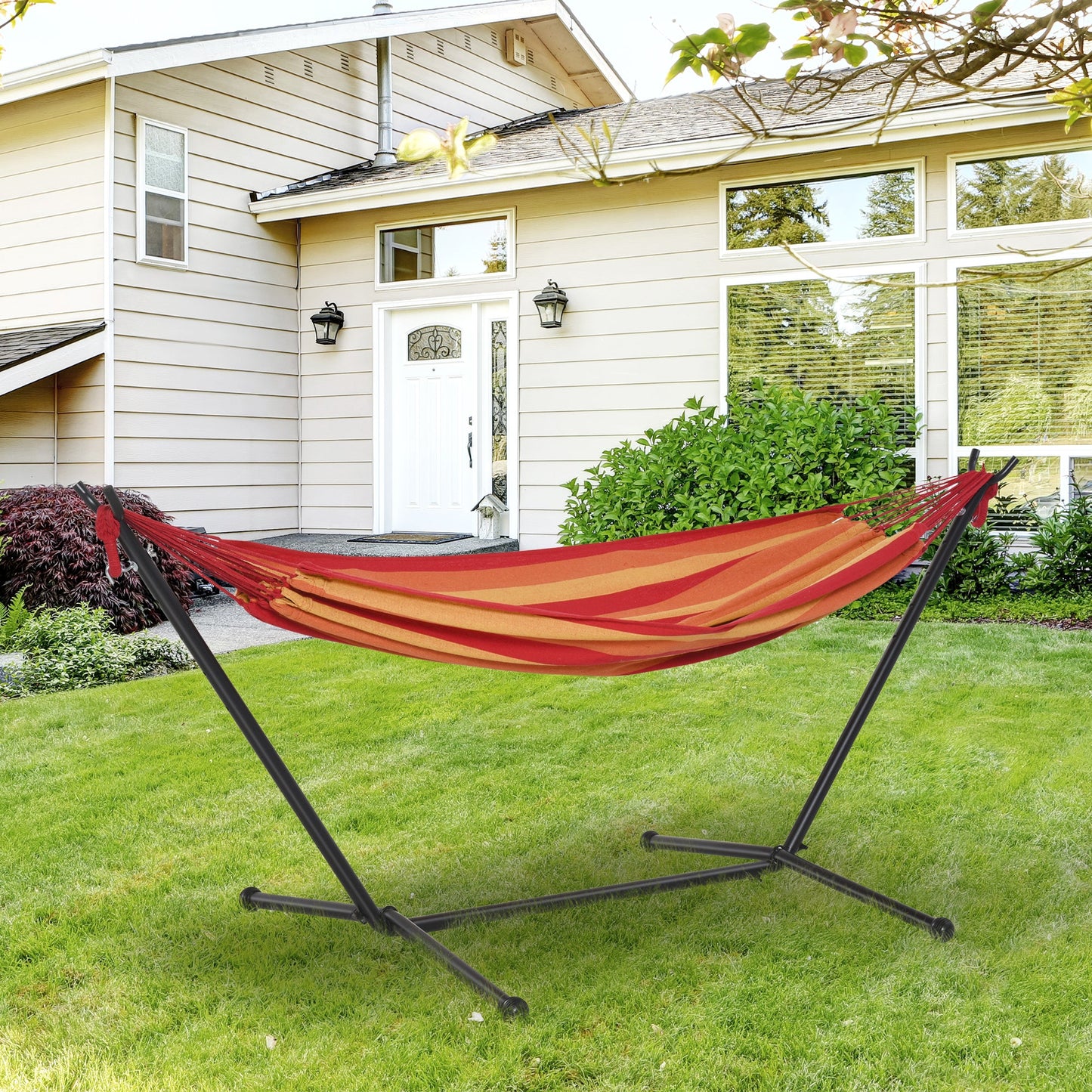 Outsunny 277 X 121cm Hammock With Metal Stand Portable Carrying Bag 120Kg Red Stripe
