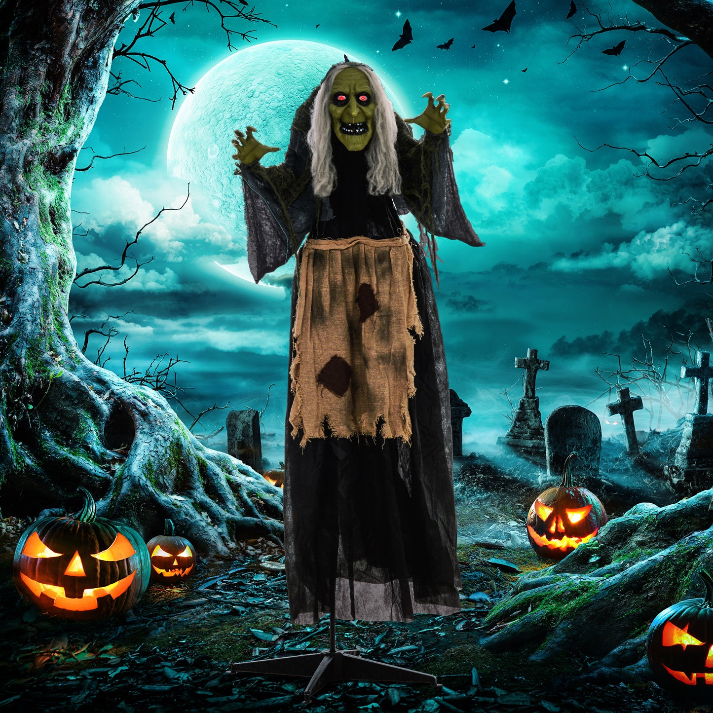 Animated Hunchback Witch Halloween Decoration - 160cm
