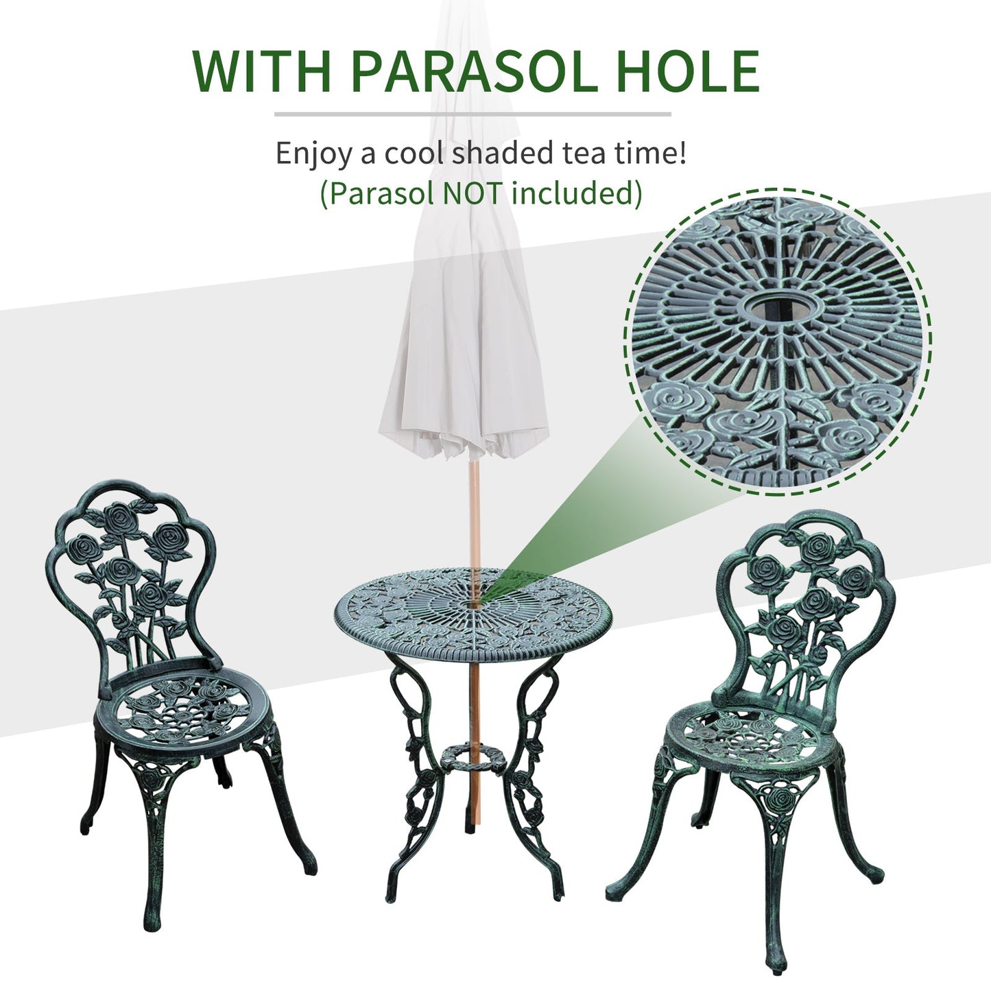 Cast Aluminium Outdoor Patio Garden Bistro Elegant Design Table Chair Set - Green 3-Piece
