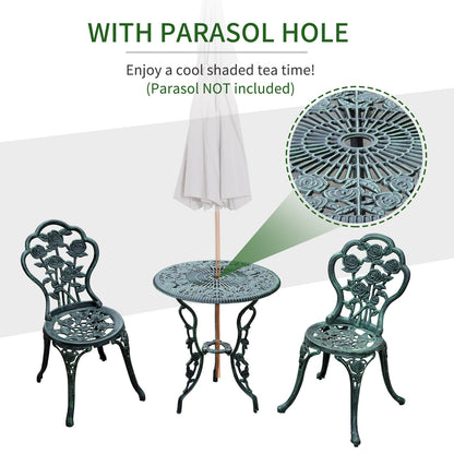 Cast Aluminium Outdoor Patio Garden Bistro Elegant Design Table Chair Set - Green 3-Piece
