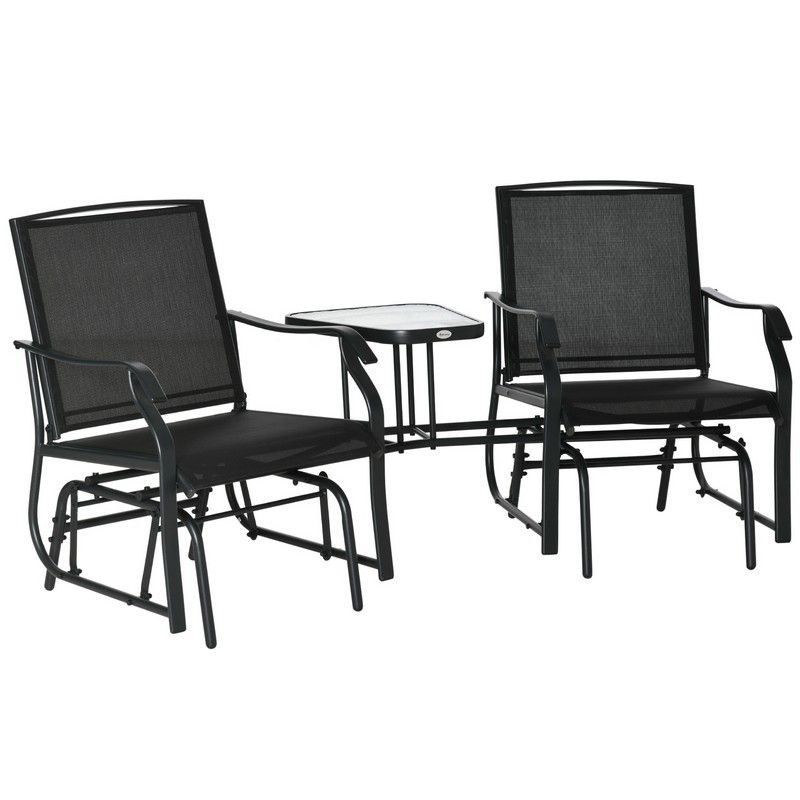 Outsunny Garden Double Glider Rocking Chairs Metal Gliding Love Seat with Middle Table Conversation Set Patio Backyard Relax Outdoor Furniture Black