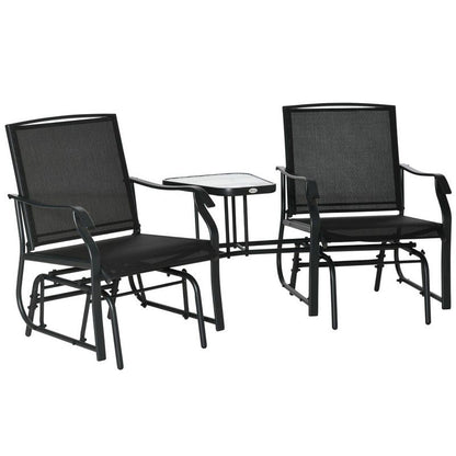 Outsunny Garden Double Glider Rocking Chairs Metal Gliding Love Seat with Middle Table Conversation Set Patio Backyard Relax Outdoor Furniture Black