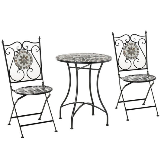Outsunny 3 Pcs Mosaic Tile Garden Bistro Set Outdoor Seating w/ Table 2 Folding Chairs Set Metal Frame Elegant Scrolling Indoor Patio Balcony