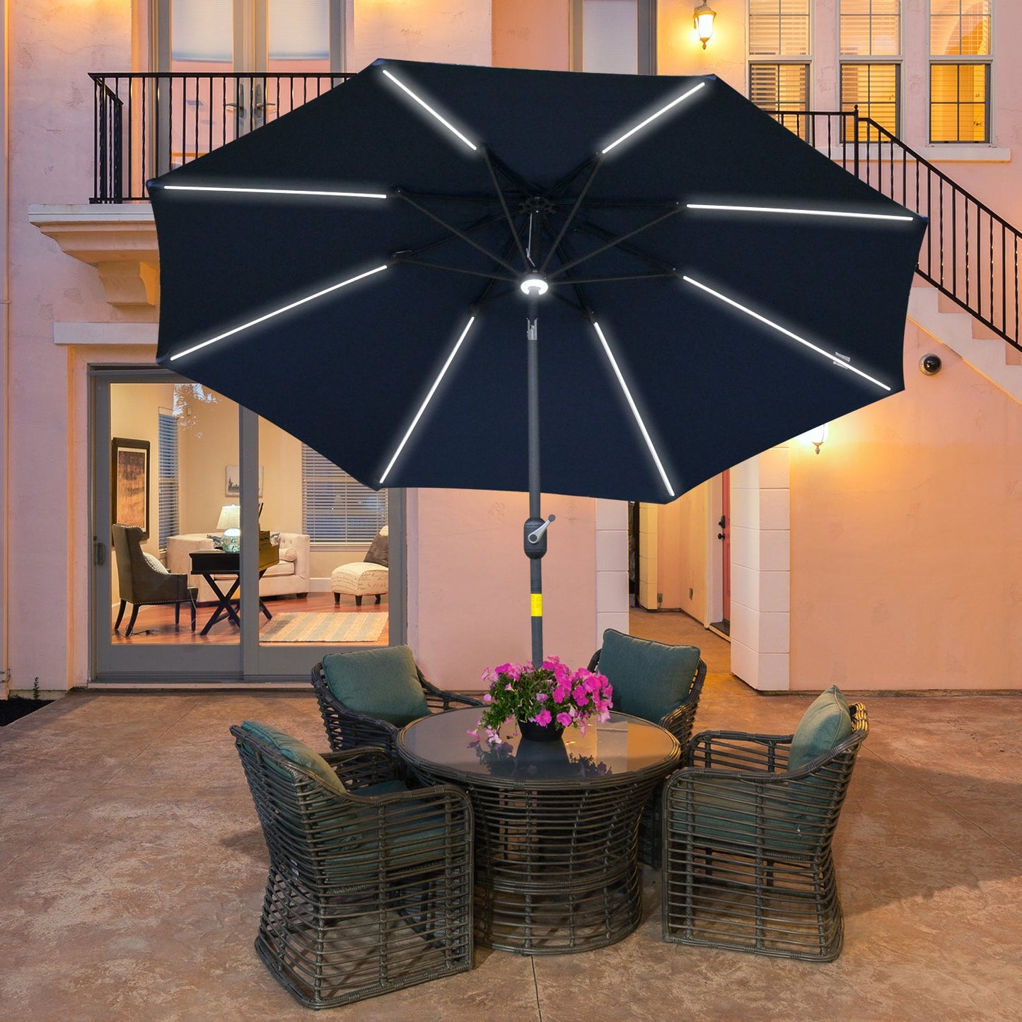 2.7m Garden Parasol Sun Umbrella w/ LED Solar Light Angled Canopy Blue