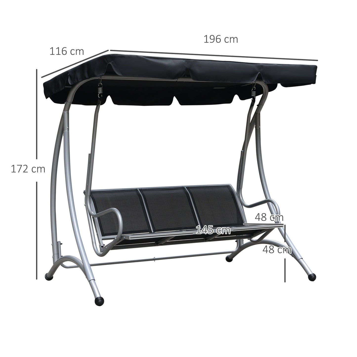 Three Person Steel Outdoor Porch Swing Chair Bench with Canopy Cover - Black