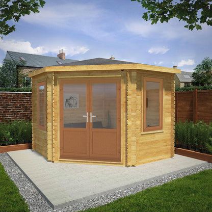 Mercia Corner 10' 4" x 10' 2" Hip Log Cabin - Premium 44mm Cladding Loglap - Brown UPVC