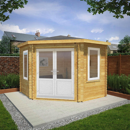 Mercia Corner 10' 4" x 10' 2" Hip Log Cabin - Premium 44mm Cladding Loglap - White UPVC