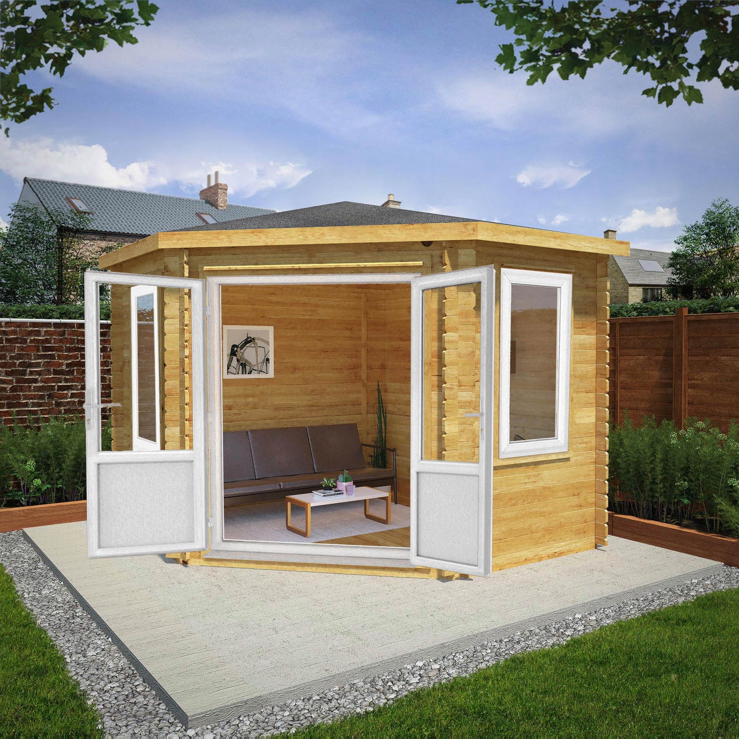 Mercia Corner 10' 4" x 10' 2" Hip Log Cabin - Premium 44mm Cladding Loglap - White UPVC