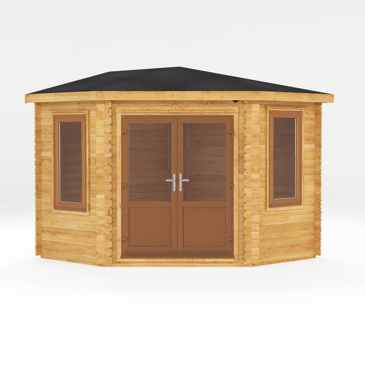 Mercia Corner 10' 4" x 10' 2" Hip Log Cabin - Premium 44mm Cladding Loglap - Brown UPVC