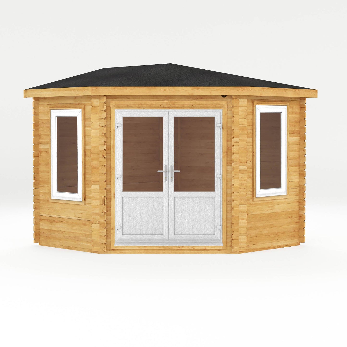 Mercia Corner 10' 4" x 10' 2" Hip Log Cabin - Premium 44mm Cladding Loglap - White UPVC