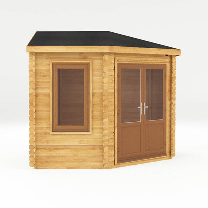 Mercia Corner 10' 4" x 10' 2" Hip Log Cabin - Premium 44mm Cladding Loglap - Brown UPVC