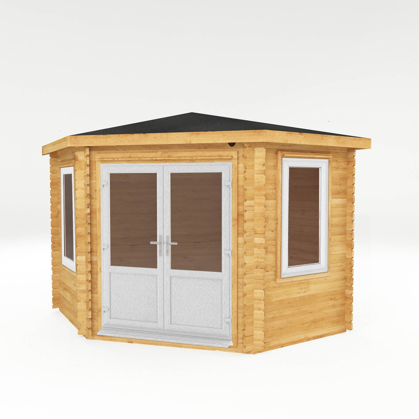 Mercia Corner 10' 4" x 10' 2" Hip Log Cabin - Premium 44mm Cladding Loglap - White UPVC