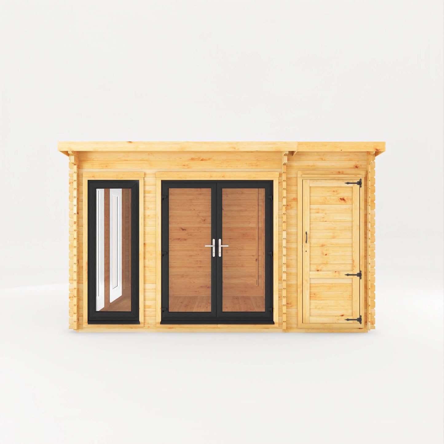 Mercia Studio 10' 11" x 13' 6" Pent Cabin with Shed - Premium 44mm Cladding Loglap - Grey UPVC