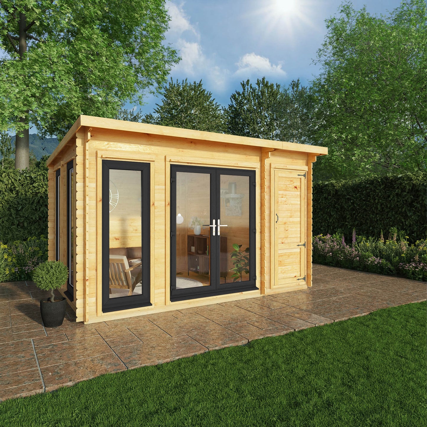 Mercia Studio 10' 11" x 13' 6" Pent Cabin with Shed - Premium 44mm Cladding Loglap - Grey UPVC Primary Image