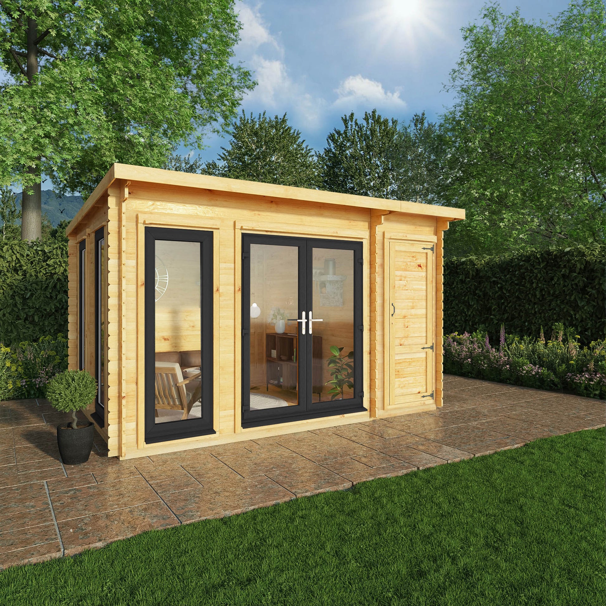 Mercia Studio 10' 11" x 13' 6" Pent Cabin with Shed - Premium 44mm Cladding Loglap - Grey UPVC Primary Image