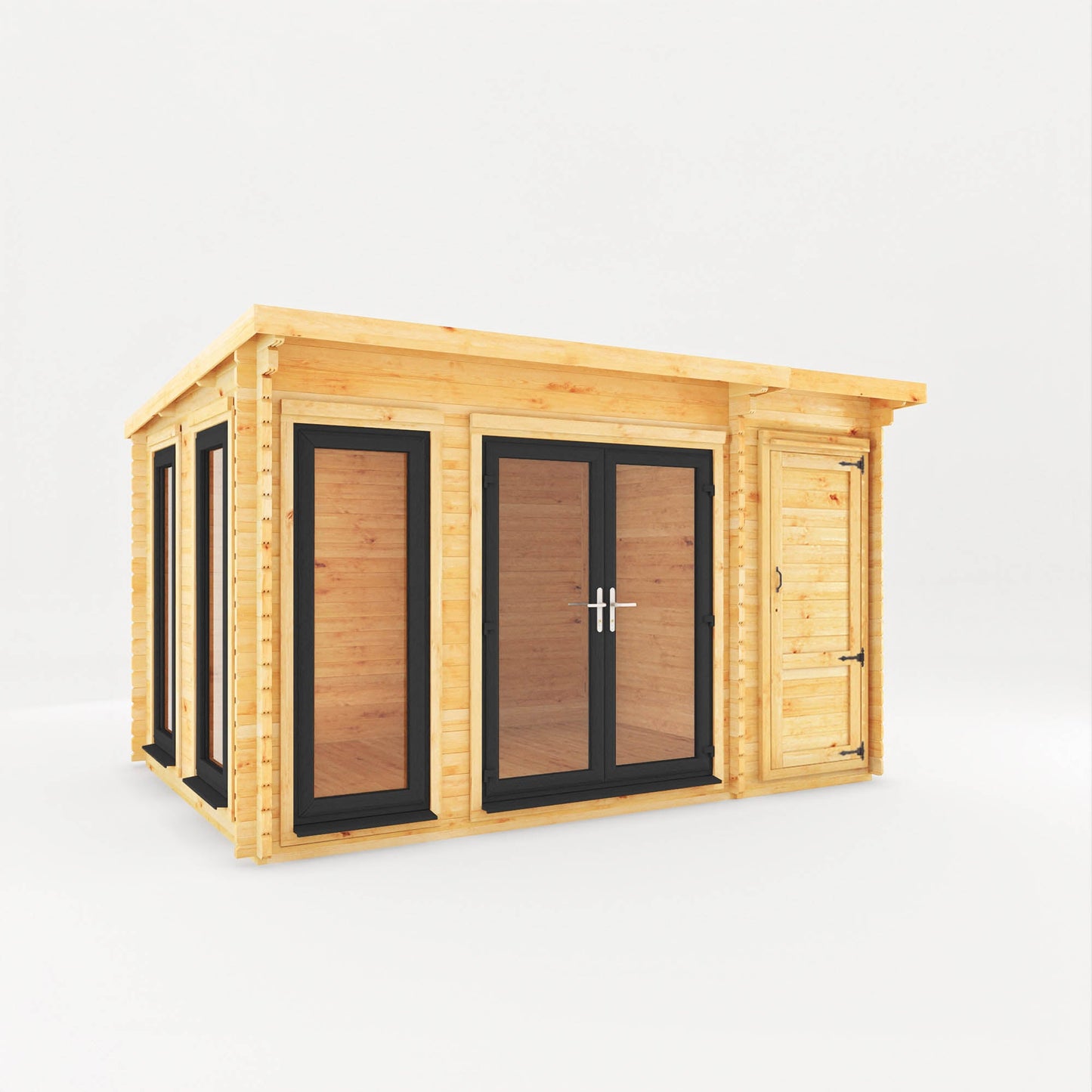 Mercia Studio 10' 11" x 13' 6" Pent Cabin with Shed - Premium 44mm Cladding Loglap - Grey UPVC