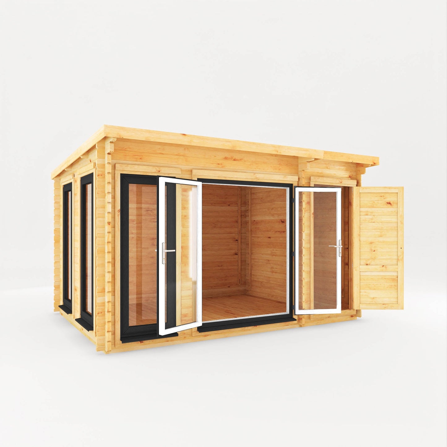Mercia Studio 10' 11" x 13' 6" Pent Cabin with Shed - Premium 44mm Cladding Loglap - Grey UPVC