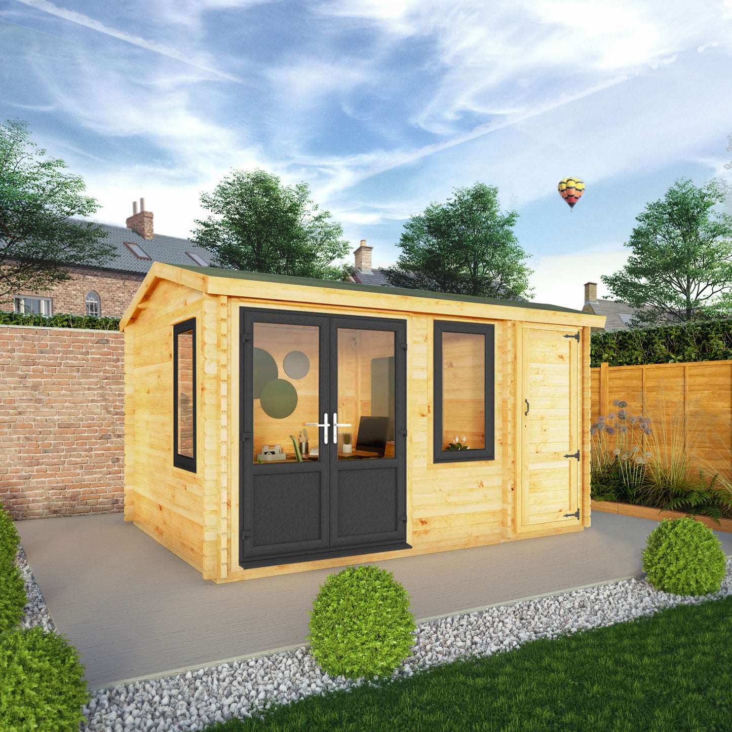 Mercia Elite 10' 3" x 13' 7" Apex Log Cabin - Premium 44mm Cladding Loglap - Grey UPVC