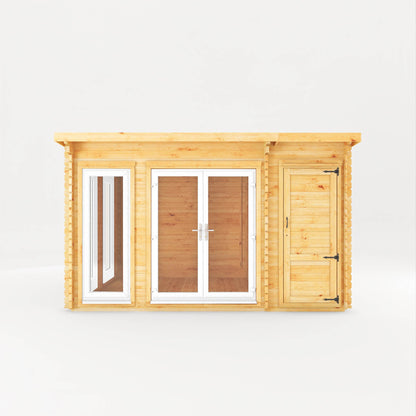 Mercia Studio 10' 11" x 13' 6" Pent Cabin with Shed - Premium 44mm Cladding Loglap - White UPVC