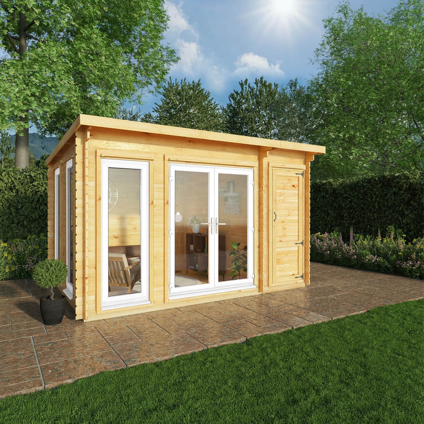Mercia Studio 10' 11" x 13' 6" Pent Cabin with Shed - Premium 44mm Cladding Loglap - White UPVC