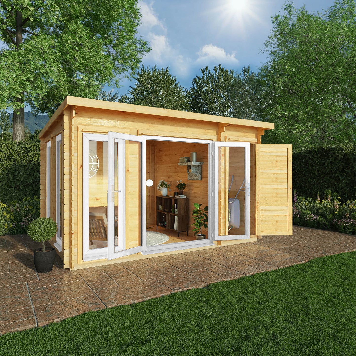 Mercia Studio 10' 11" x 13' 6" Pent Cabin with Shed - Premium 44mm Cladding Loglap - White UPVC Primary Image