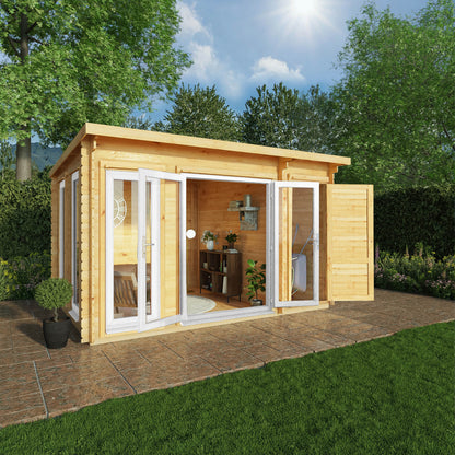 Mercia Studio 10' 11" x 13' 6" Pent Cabin with Shed - Premium 44mm Cladding Loglap - White UPVC Primary Image