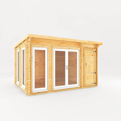 Mercia Studio 10' 11" x 13' 6" Pent Cabin with Shed - Premium 44mm Cladding Loglap - White UPVC