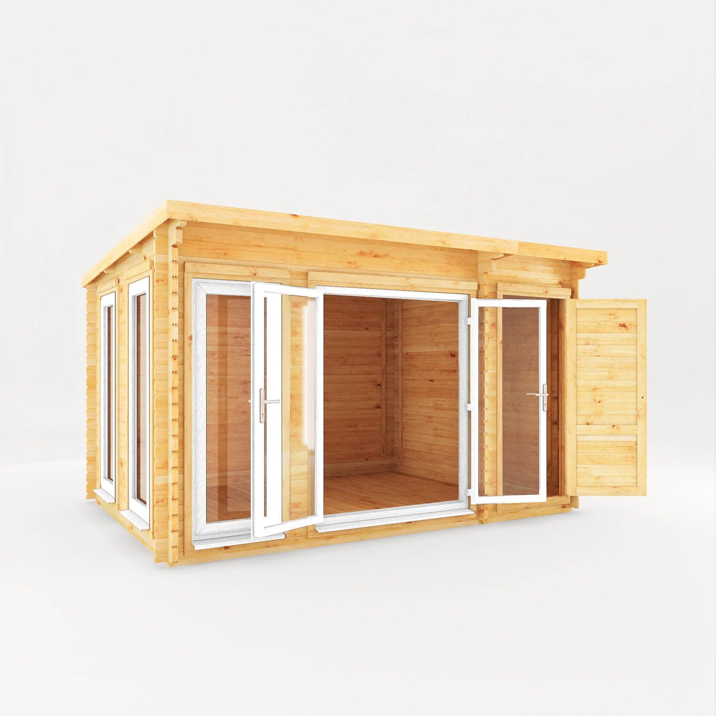 Mercia Studio 10' 11" x 13' 6" Pent Cabin with Shed - Premium 44mm Cladding Loglap - White UPVC