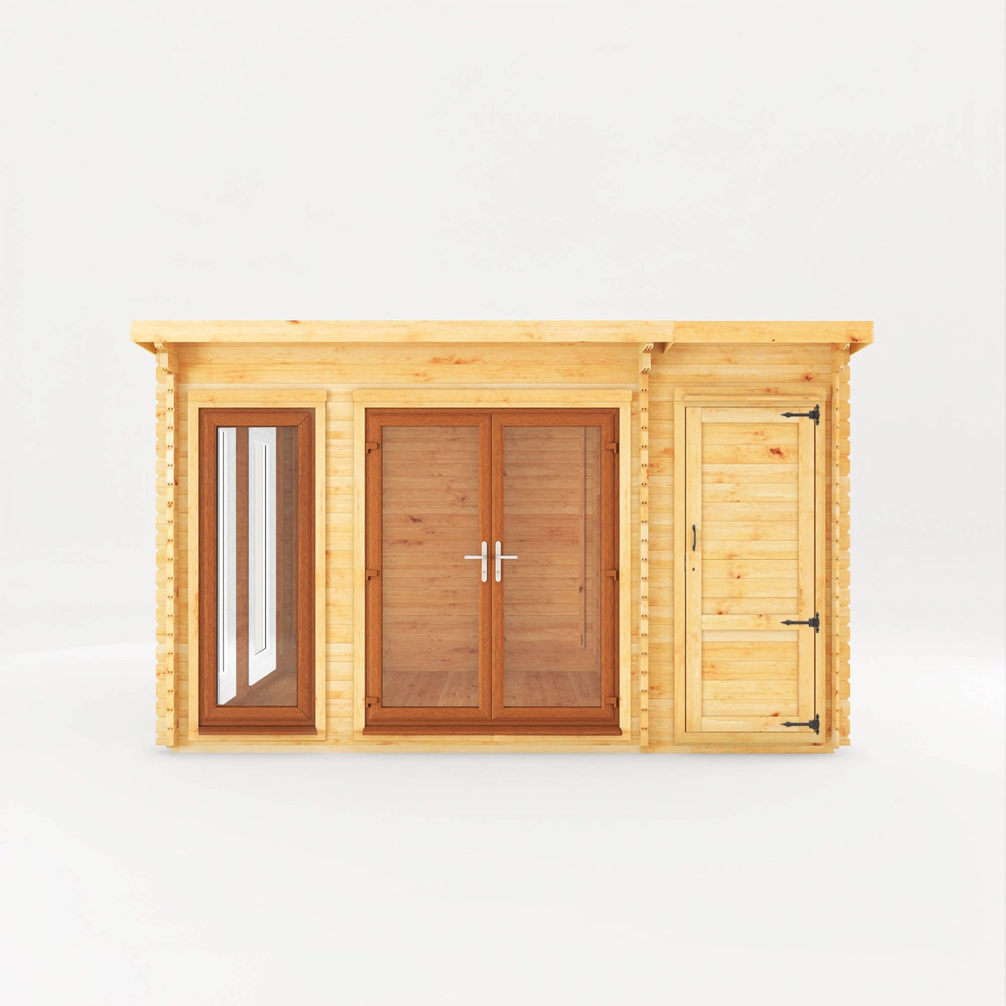 Mercia Studio 10' 11" x 13' 6" Pent Cabin with Shed - Premium 44mm Cladding Loglap - Brown UPVC
