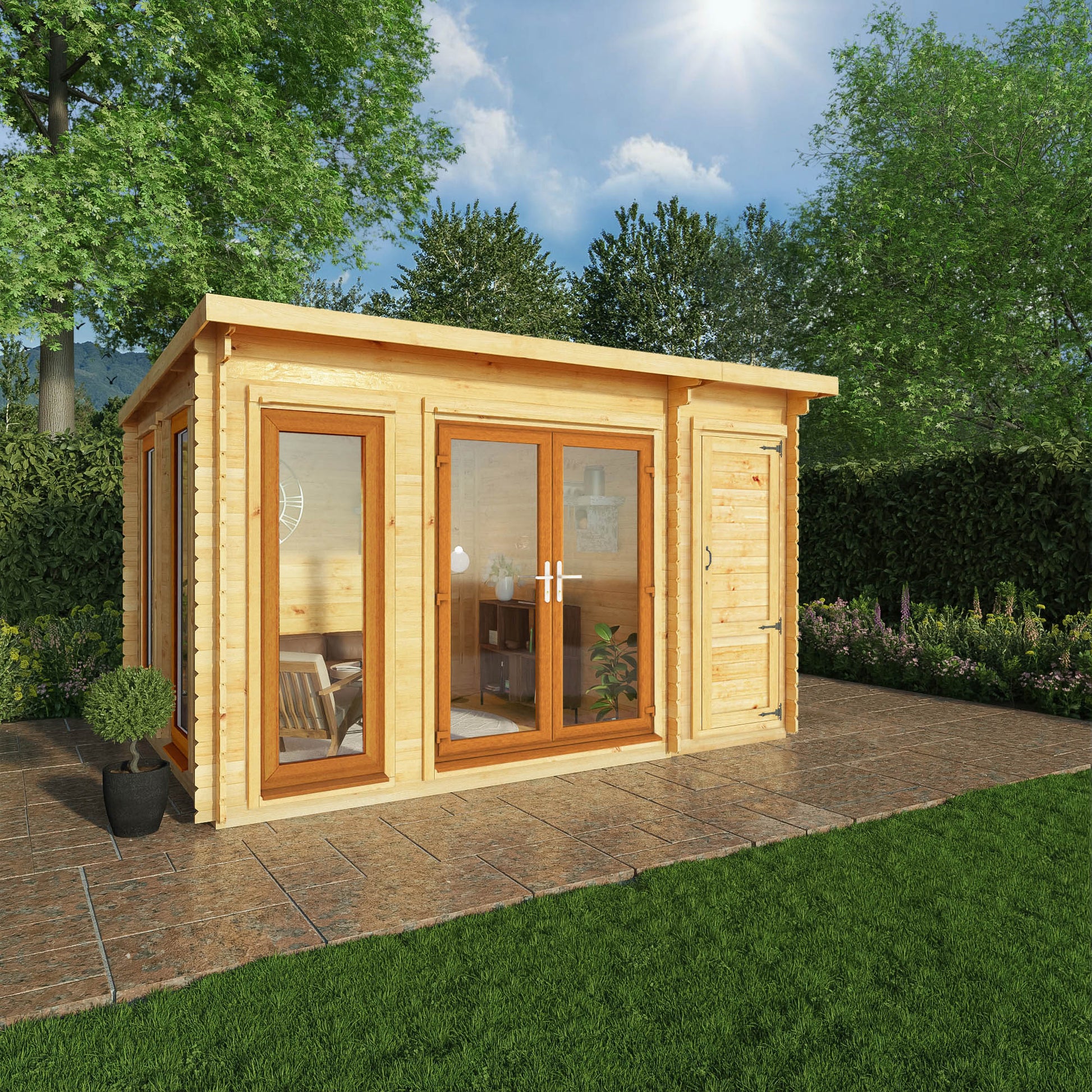 Mercia Studio 10' 11" x 13' 6" Pent Cabin with Shed - Premium 44mm Cladding Loglap - Brown UPVC Primary Image