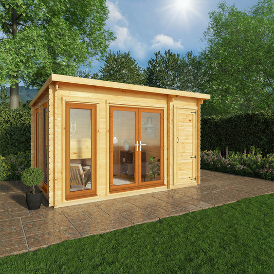 Mercia Studio 10' 11" x 13' 6" Pent Cabin with Shed - Premium 44mm Cladding Loglap - Brown UPVC