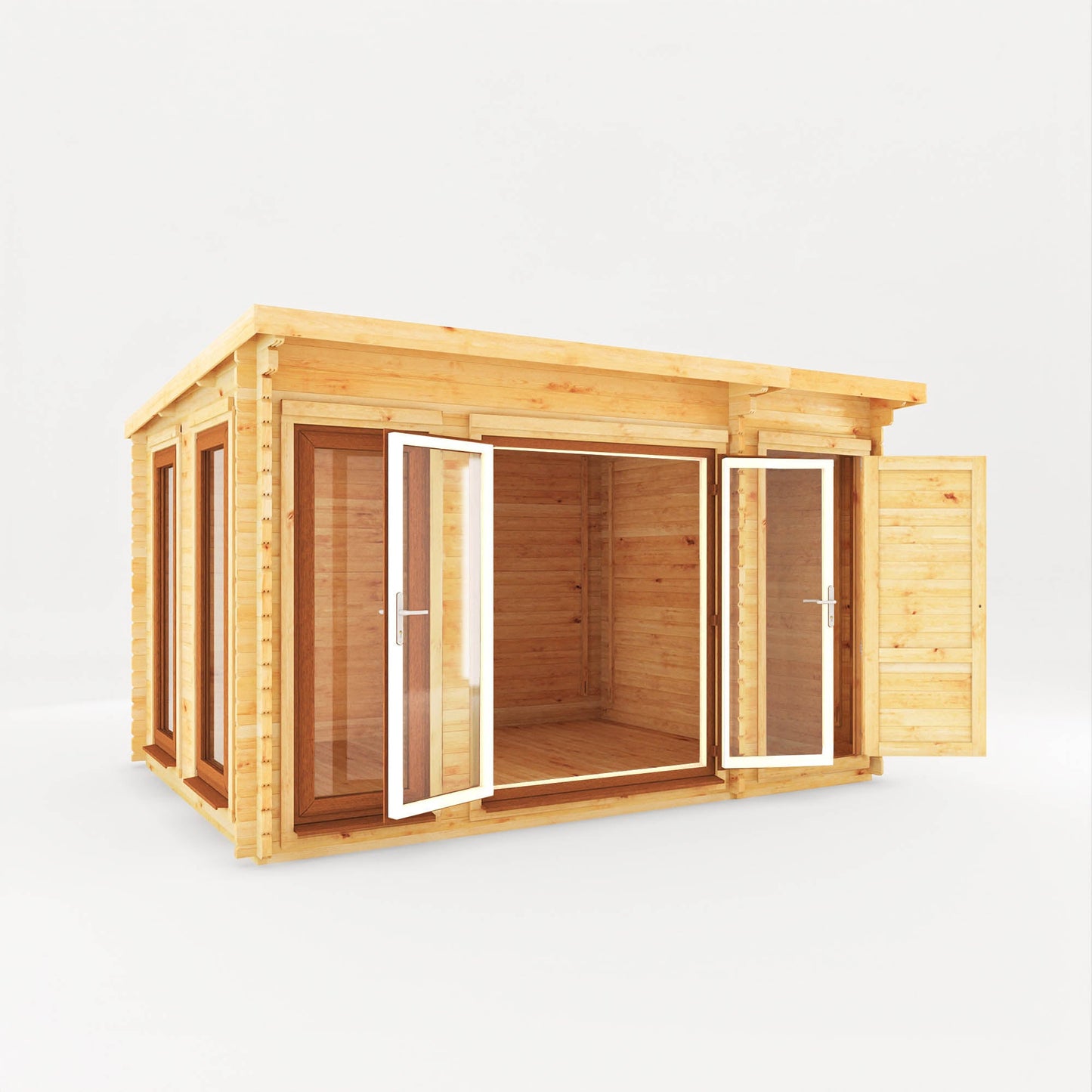 Mercia Studio 10' 11" x 13' 6" Pent Cabin with Shed - Premium 44mm Cladding Loglap - Brown UPVC