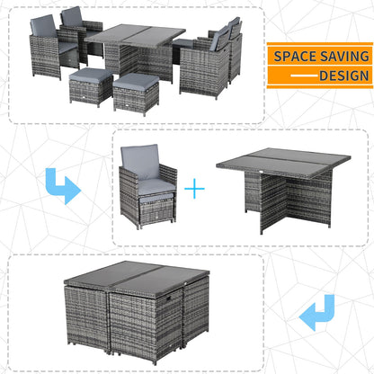 8 Seater Rattan Dining Set Garden Furniture Cushion Seat Woven Rattan Grey