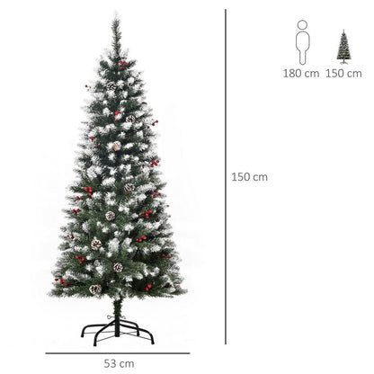 Homcom 5FT Artificial Christmas Tree Xmas Pencil Tree with Red Berries and Pinecones Holiday Home Indoor Decoration with Foldable Feet