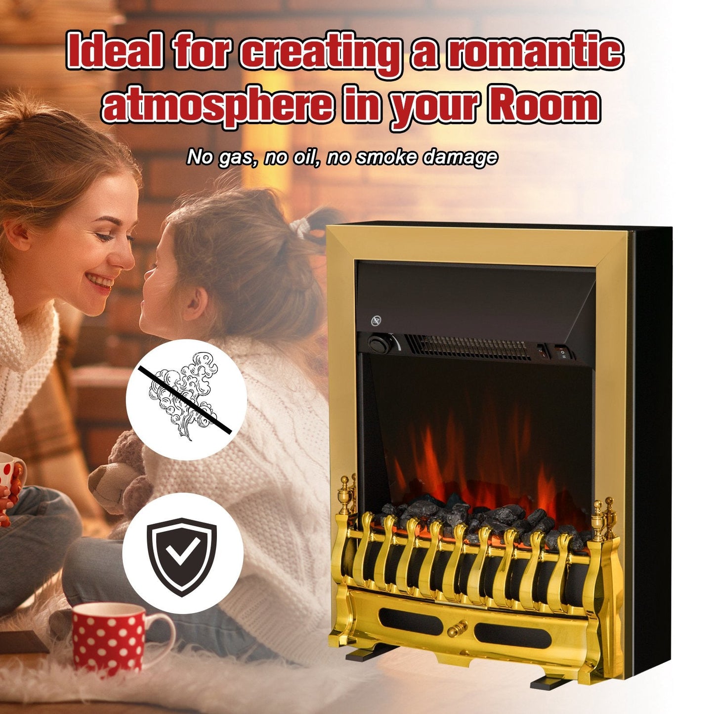 Electric Fireplace LED Light Complete Fire Place Heating Indoor Heater Coal Burning Flame Effect Heat 2000W Max