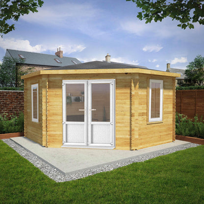 Mercia Corner 13' 7" x 13' 5" Hip Log Cabin - Premium 44mm Cladding Loglap - White UPVC
