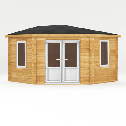 Mercia Corner 13' 7" x 13' 5" Hip Log Cabin - Premium 44mm Cladding Loglap - White UPVC
