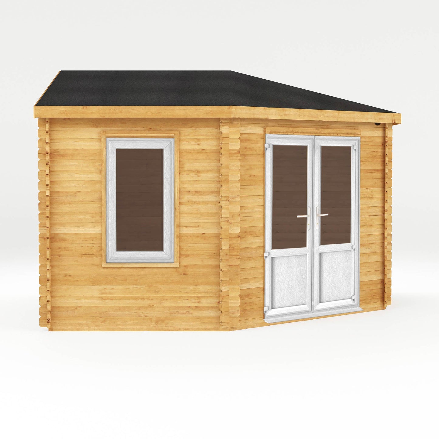 Mercia Corner 13' 7" x 13' 5" Hip Log Cabin - Premium 44mm Cladding Loglap - White UPVC