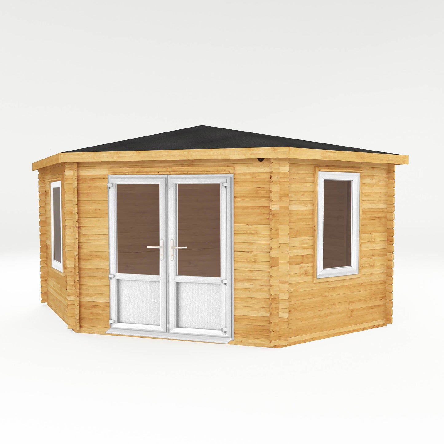 Mercia Corner 13' 7" x 13' 5" Hip Log Cabin - Premium 44mm Cladding Loglap - White UPVC