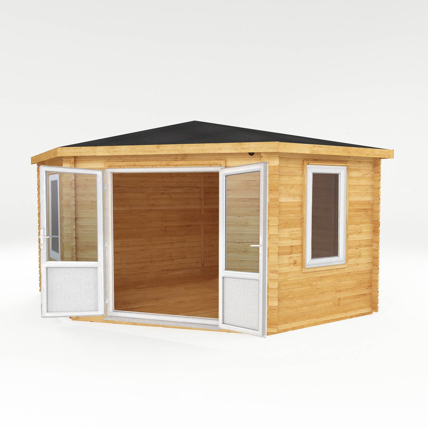 Mercia Corner 13' 7" x 13' 5" Hip Log Cabin - Premium 44mm Cladding Loglap - White UPVC