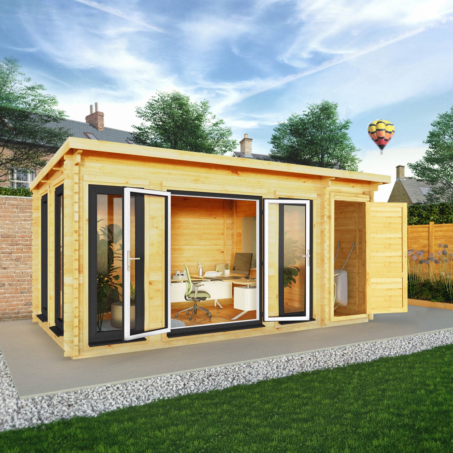 Mercia Studio 10' 11" x 16' 10" Pent Cabin with Shed - Premium 44mm Cladding Loglap - Grey UPVC Primary Image