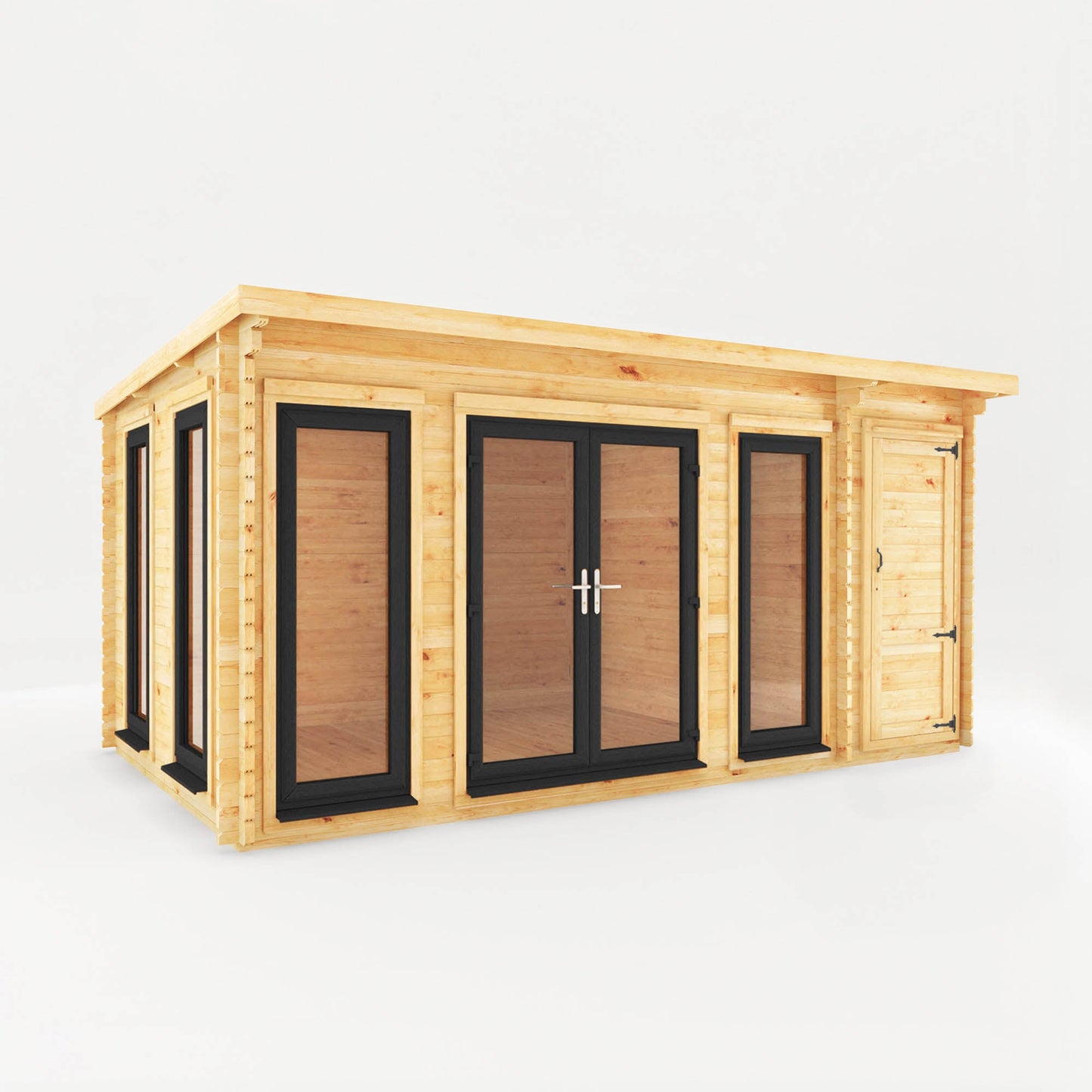 Mercia Studio 10' 11" x 16' 10" Pent Cabin with Shed - Premium 44mm Cladding Loglap - Grey UPVC